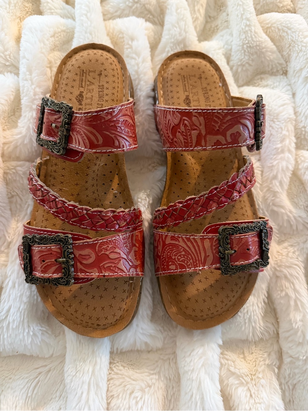 Red Embossed Leather L’Artiste Slide Sandals with Buckle Detail